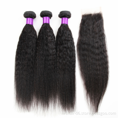 Malaysian Kinky Straight Yaki Hair Weave Lace Closure With Yaki Bulk Hair Bundles